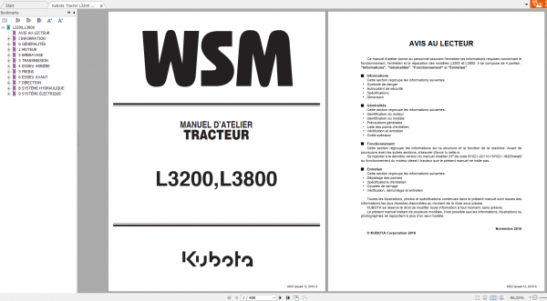 Kubota Tractor L3200 L3800 Workshop Manual FR 1