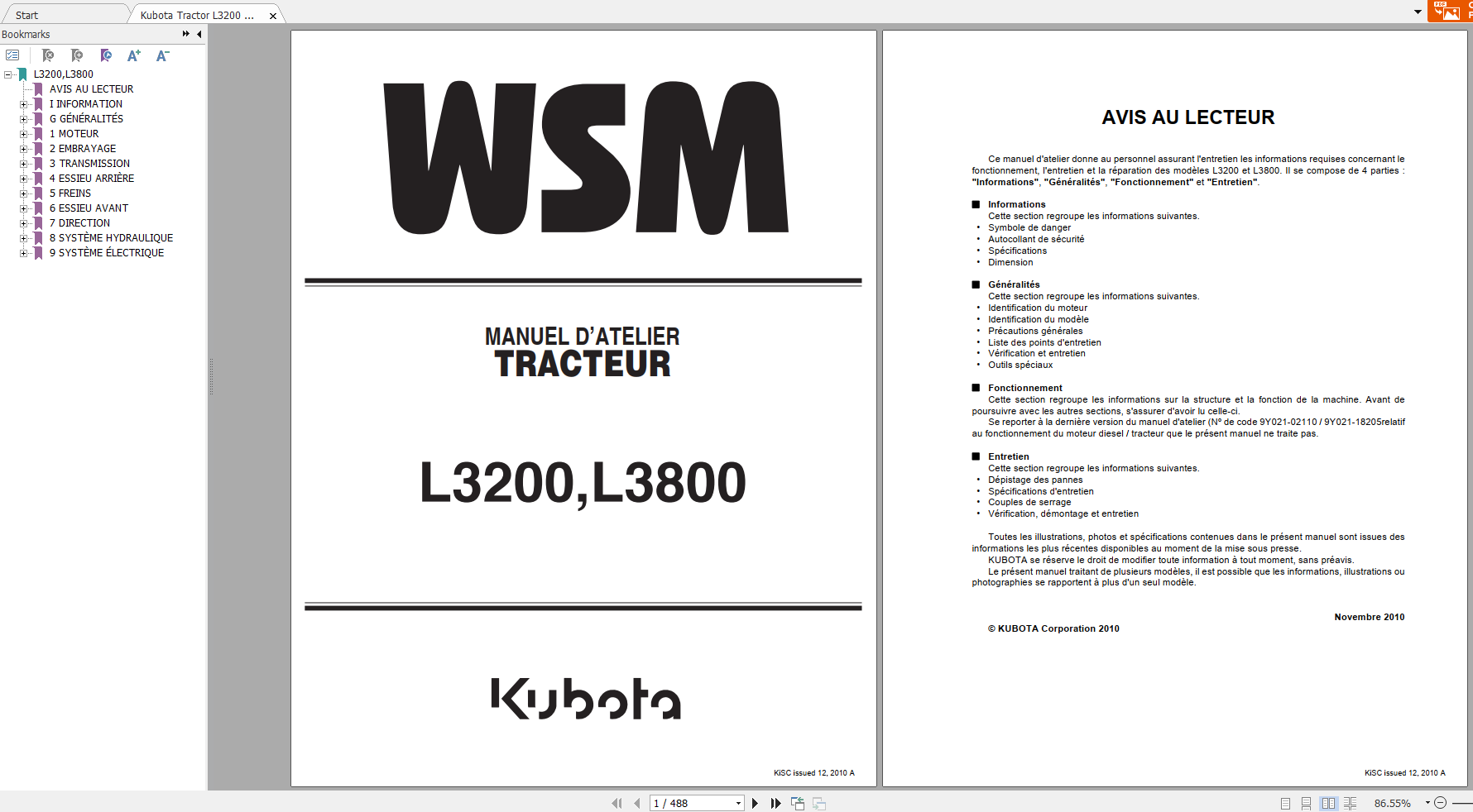 Kubota Tractor L3200 L3800 Workshop Manual FR 1