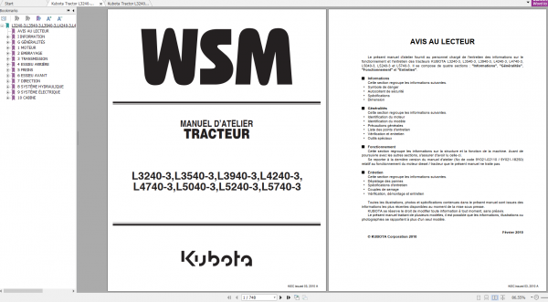 Kubota Tractor L3240 3L3540 3L3940 3L4240 3L4740 3L5040 3L5440 3L5740 3 Workshop Manual ENFR 1