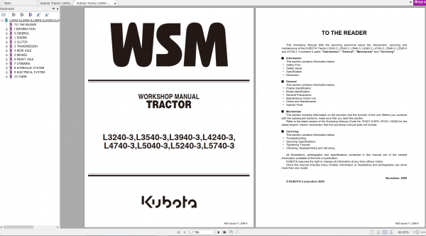 Kubota Tractor L3240 3L3540 3L3940 3L4240 3L4740 3L5040 3L5440 3L5740 3 Workshop Manual ENFR 3