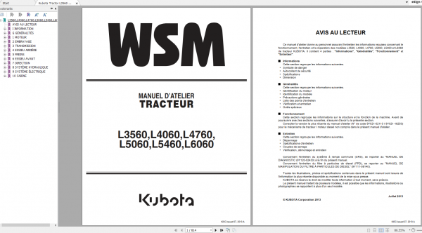 Kubota Tractor L3560 L4060 L4760 L5060 L5460 L6060 Workshop Manual FR 1