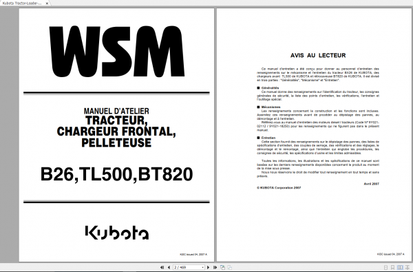 Kubota Tractor Loader Backhoe B26 TL500 BT820 Workshop Manual EN 1 1