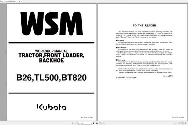 Kubota Tractor Loader Backhoe B26 TL500 BT820 Workshop Manual EN 1