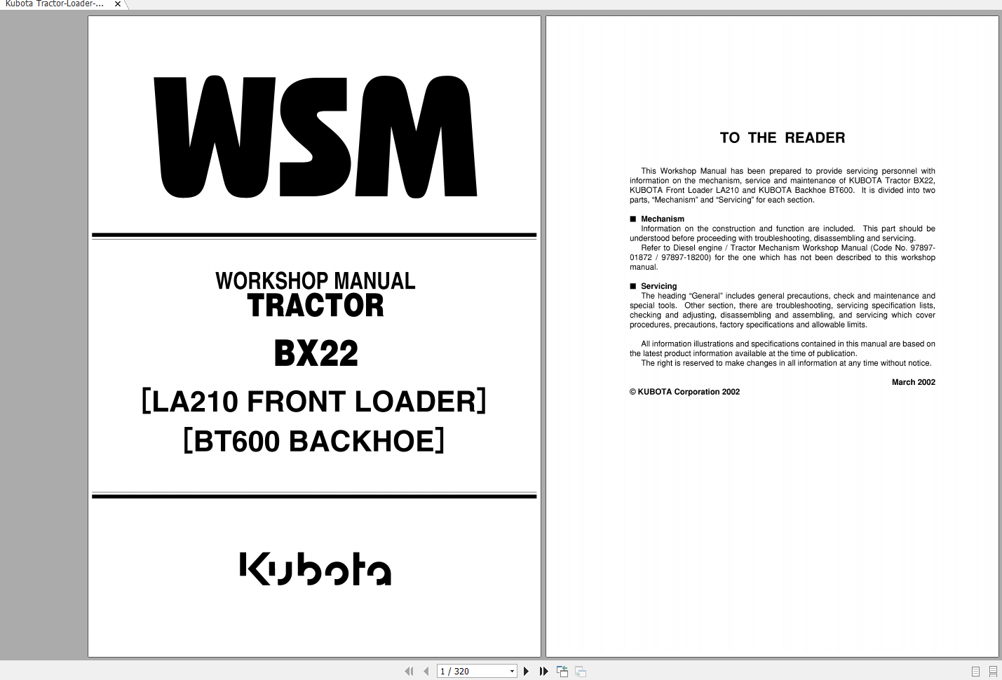 Kubota Tractor Loader Backhoe BX22 LA210 BT600 Workshop Manual EN 1