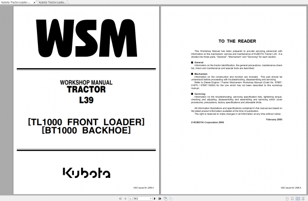 Kubota Tractor Loader Backhoe L39 TL1000 BT1000 Workshop Manual ENFR 1