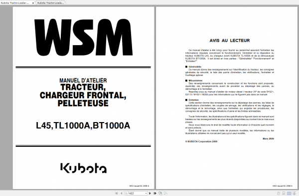 Kubota Tractor Loader Backhoe L45 TL1000A BT1000A Workshop Manual ENFR 1