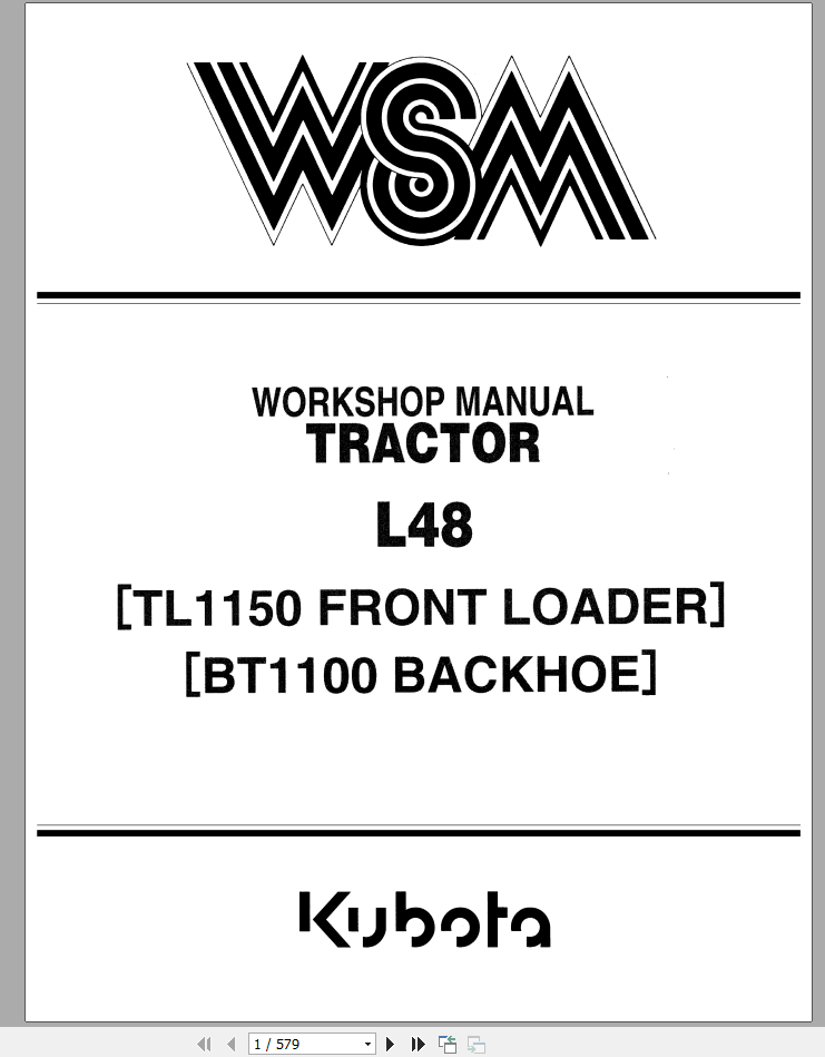 Kubota Tractor Loader Backhoe L48 TL1150 BT1100 Workshop Manual EN 1