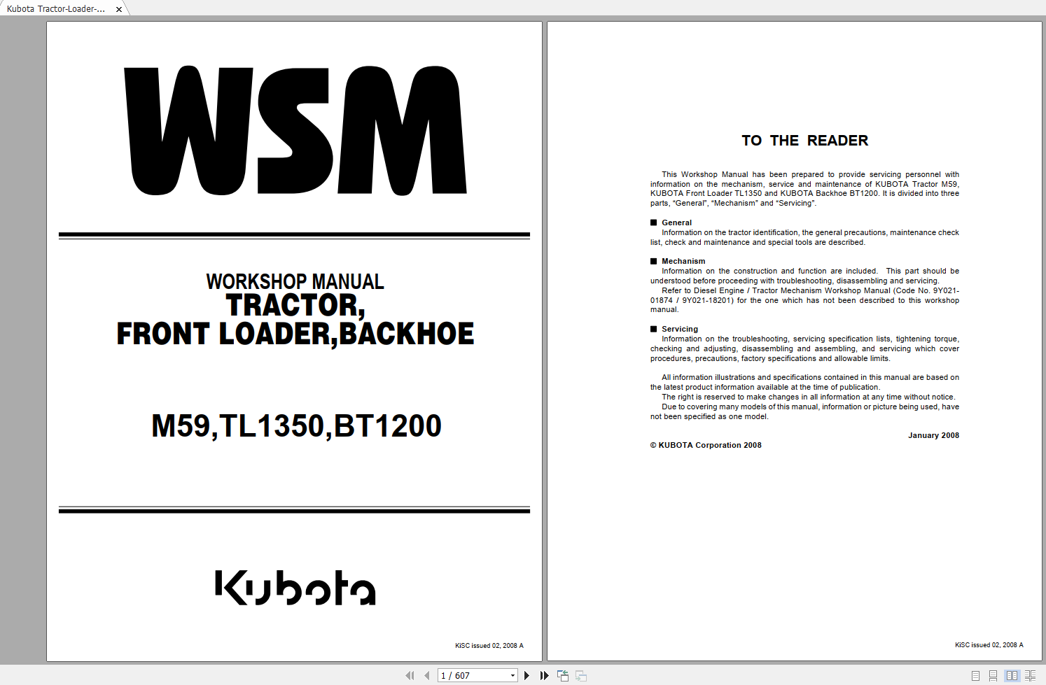Kubota Tractor Loader Backhoe M59 TL1350 BT1200 Workshop Manual EN 1