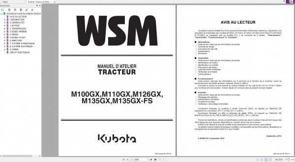 Kubota Tractor M100GX M110GX M126GX M135GX M135GX FS Workshop Manual FR 1