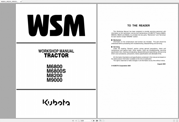 Kubota Tractor M6800 M6800S M8200 M9000 Workshop Manual 1