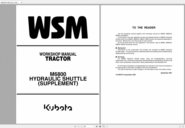 Kubota Tractor M6800 M6800S M8200 M9000 Workshop Manual 2
