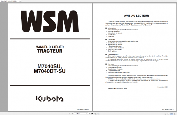 Kubota Tractor M7040SU M7040DT SU Workshop Manual FR 1