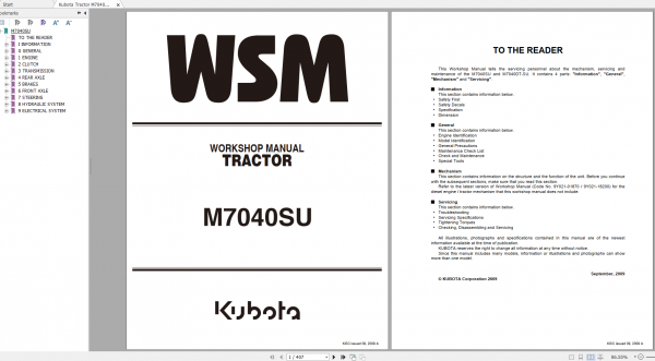 Kubota Tractor M7040SU Workshop Manual EN 1