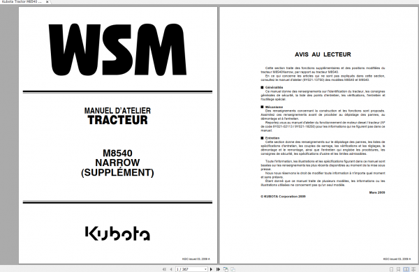 Kubota Tractor M8540 Narrow Supplement Workshop Manual FR 1