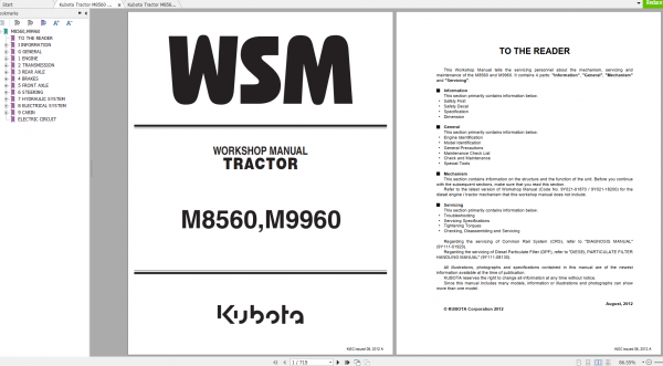 Kubota Tractor M8560 M9660 Workshop Manual ENFR 1