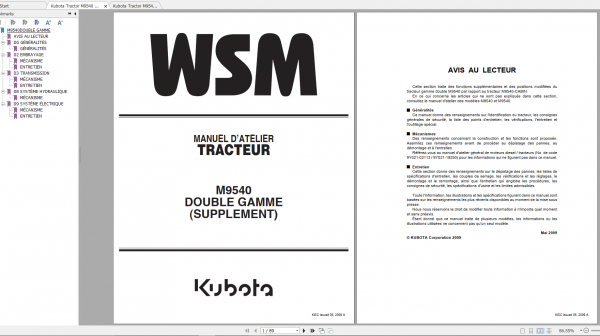 Kubota Tractor M9540 Dual Speed Supplement Workshop Manual ENFR 1