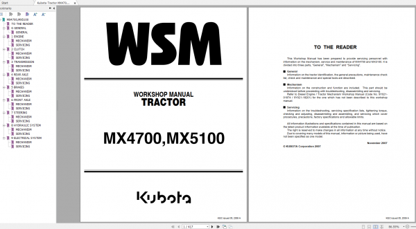 Kubota Tractor MX4700 MX5100 Workshop Manual EN 1