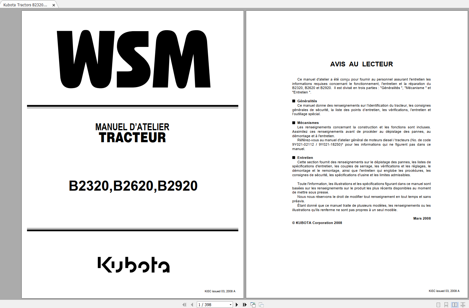 Kubota Tractors B2320 B2620 B2920 Workshop Manual FR 1