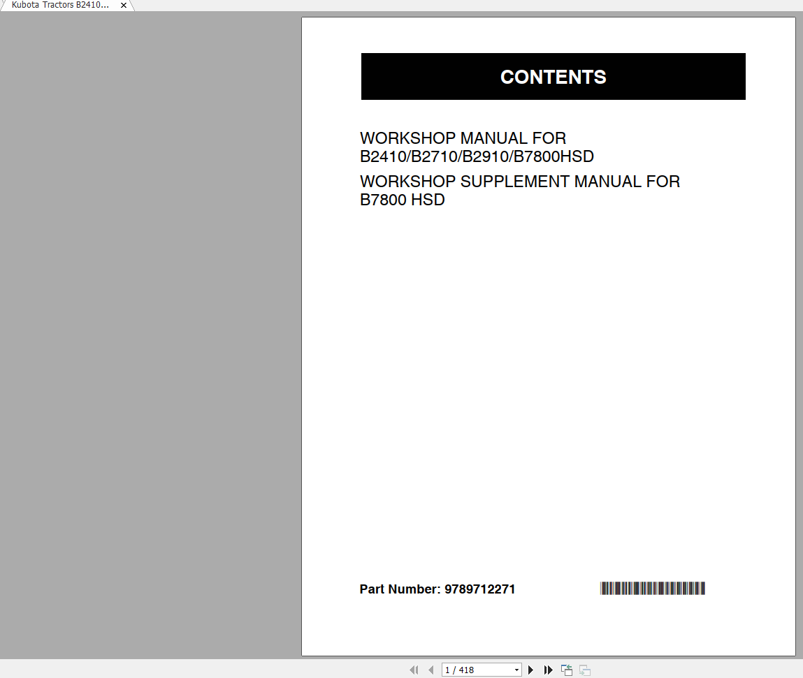 Kubota Tractors B2410 B2710 B2910 B7800HDS Workshop Manual EN 1