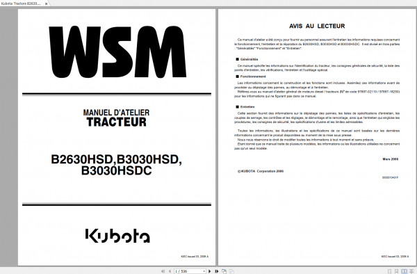 Kubota Tractors B2630HSD B3030HSD B3030HSDC Workshop Manual FR 1