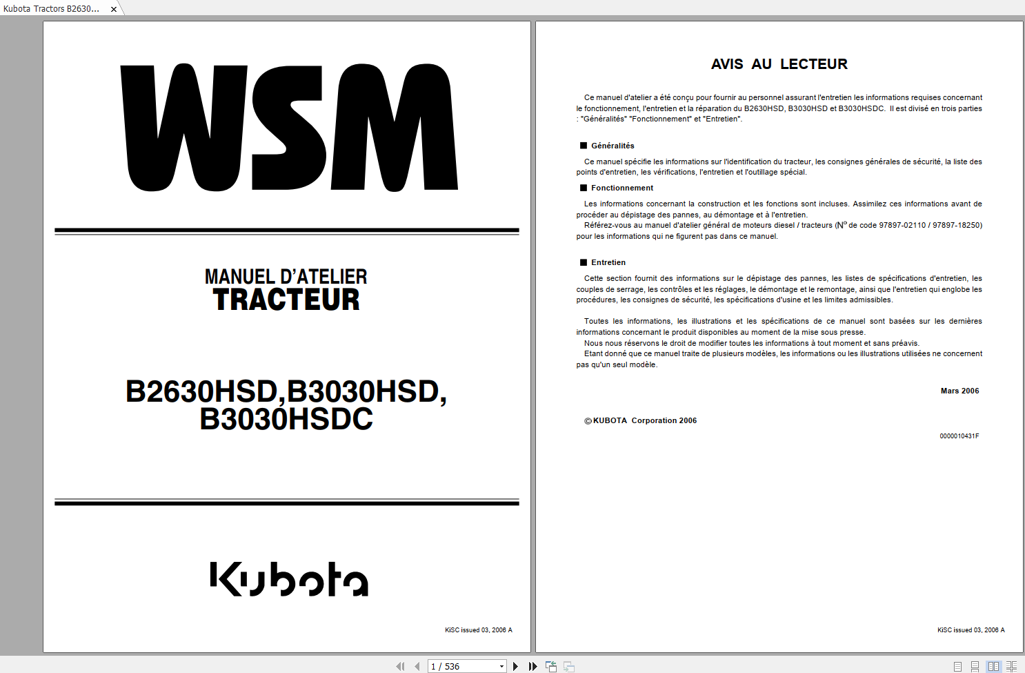 Kubota Tractors B2630HSD B3030HSD B3030HSDC Workshop Manual FR 1