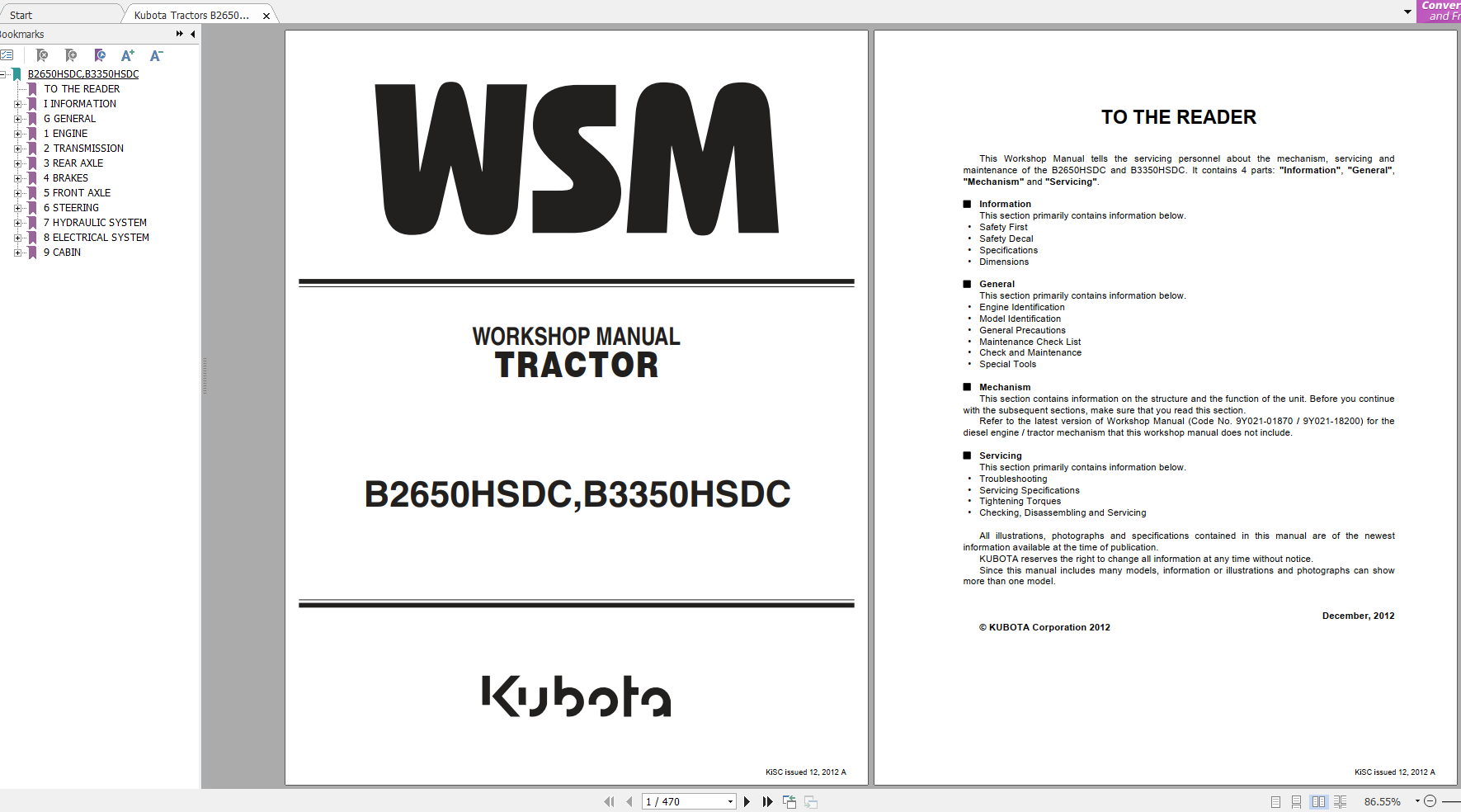 Kubota Tractors B2650HSDC B3350HSDC Workshop Manual EN 1