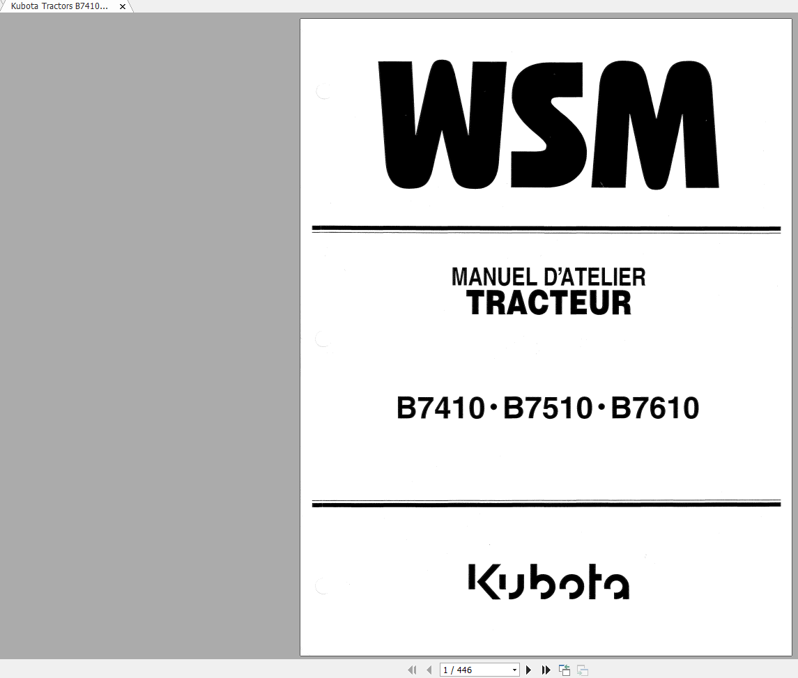 Kubota Tractors B7410 B7510 B7610 Workshop Manual FR 1