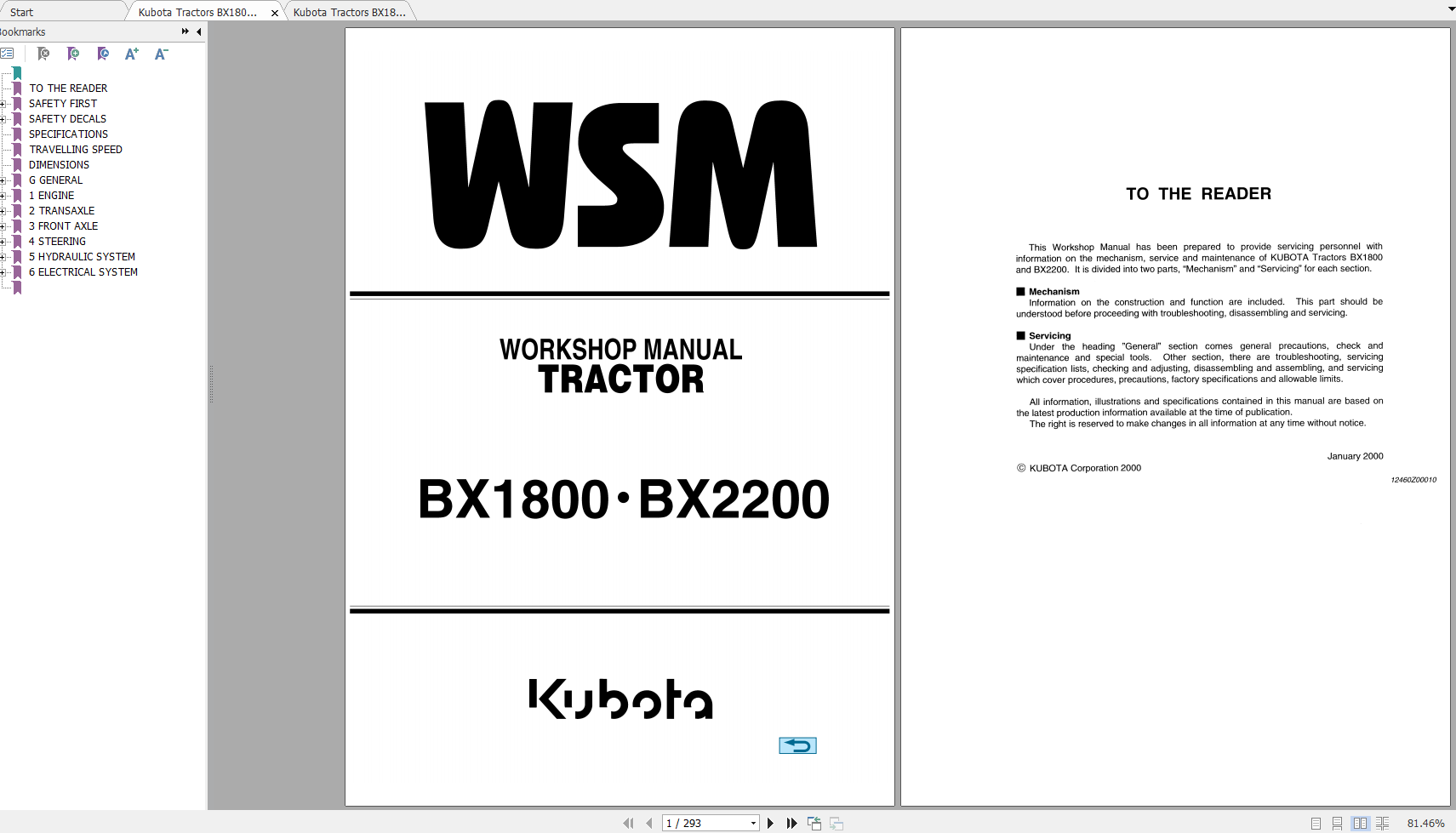 Kubota Tractors BX1800 BX2200 Workshop Manual ENFR 1