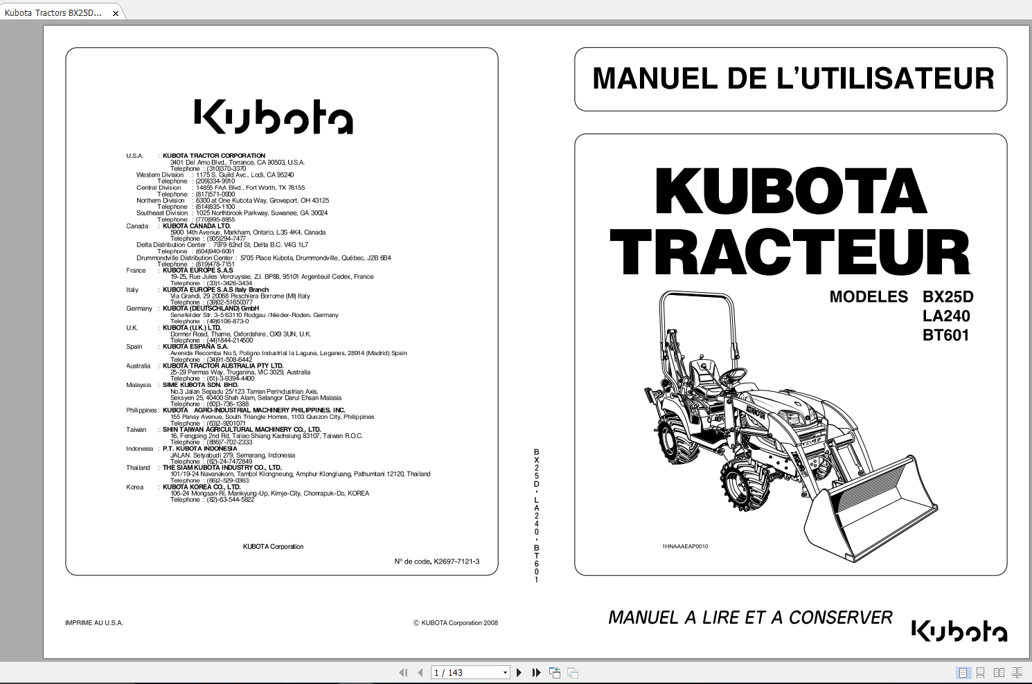 Kubota Tractors BX25D LA240 BT601 Users Manual FR 1