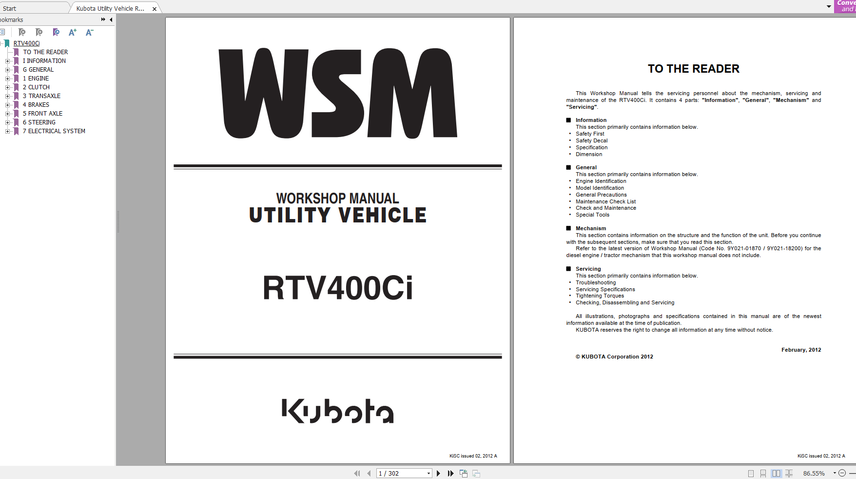 Kubota Utility Vehicle RTV 400Ci Workshop Manual EN 1