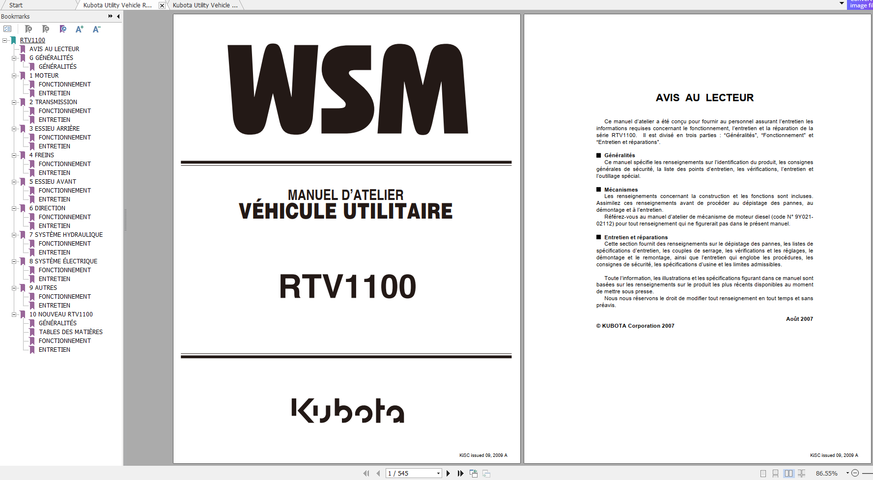 Kubota Utility Vehicle RTV1100 Workshop Manual ENFR 1