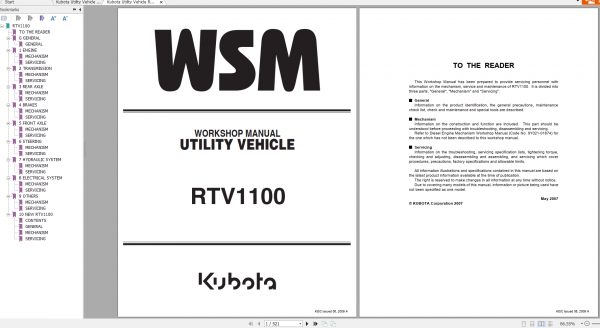 Kubota Utility Vehicle RTV1100 Workshop Manual ENFR 3