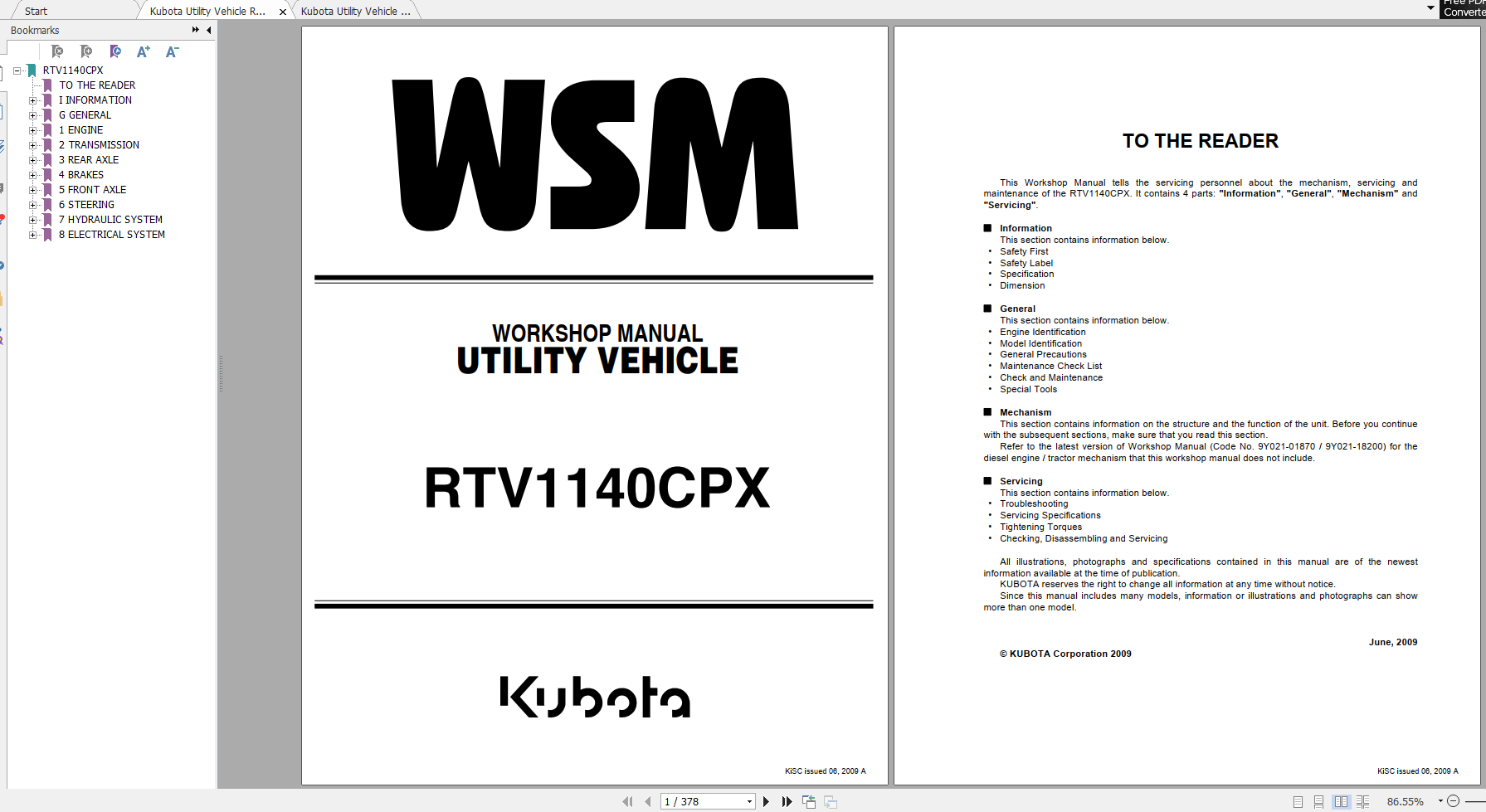 Kubota Utility Vehicle RTV1140CPX Workshop Manual ENFR 1