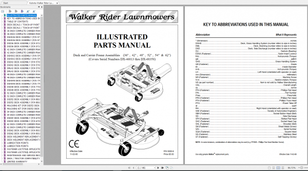 Kubota Walker Rider Lawnmowers 36 42 48 52 54 62 Parts Manual 1