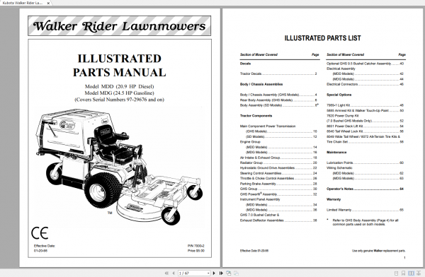 Kubota Walker Rider Lawnmowers MDD20.0 HP MDG24.5 HP Parts Manual 1