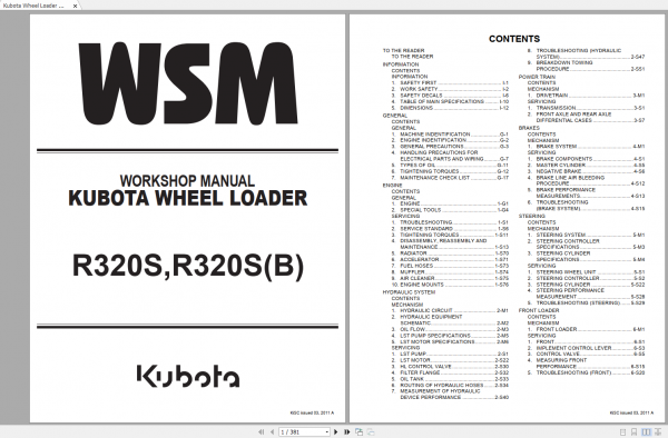 Kubota Wheel Loader R320S R320B R320SB Workshop Manual EN 1