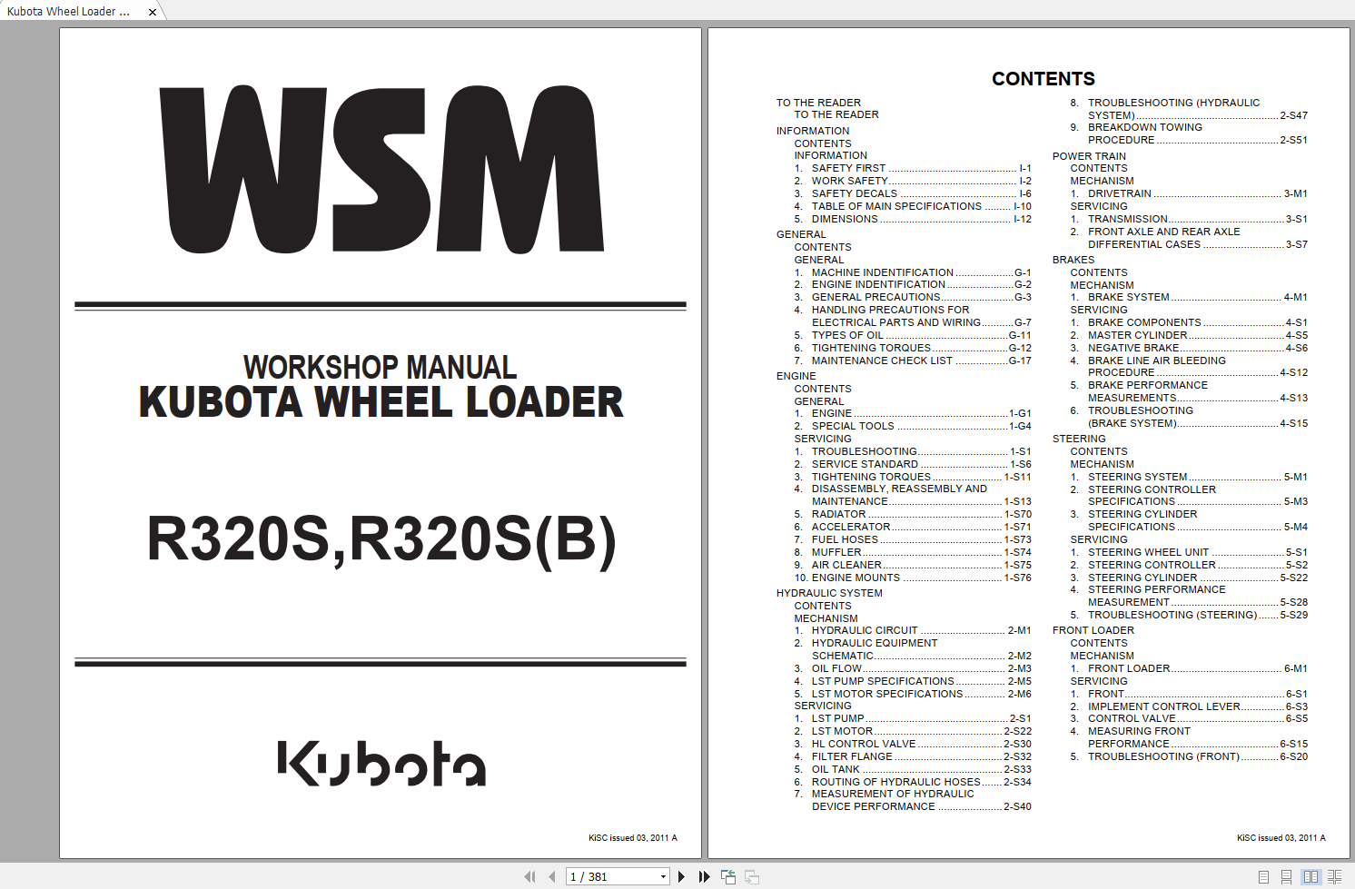 Kubota Wheel Loader R320S R320B R320SB Workshop Manual EN 1