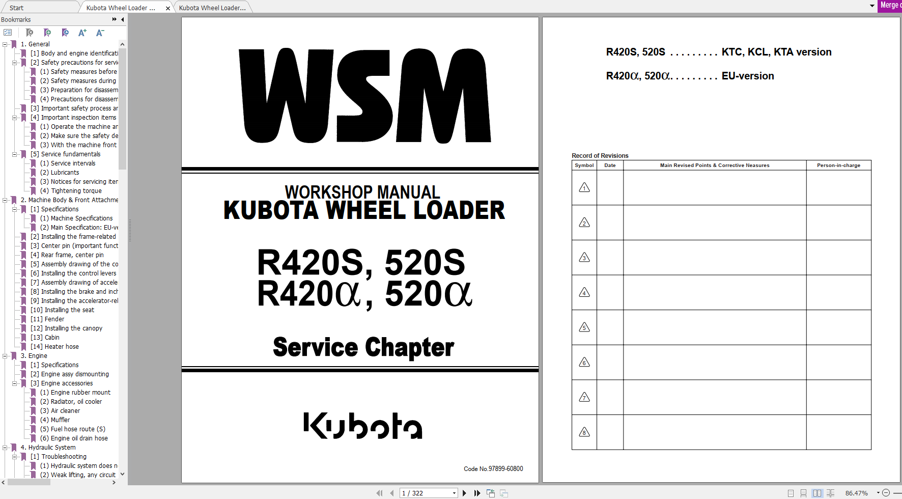 Kubota Wheel Loader R420a R420S R520a R520S Workshop Manual EN 1