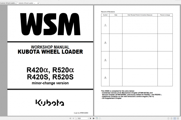 Kubota Wheel Loader R420a R420S R520a R520S Workshop Manual EN 3