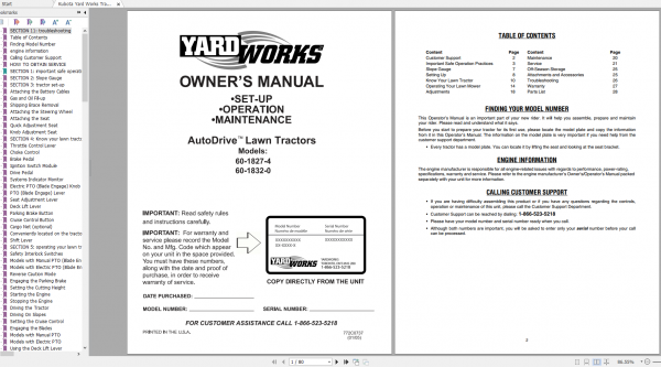 Kubota Yard Works Tractor 60 1827 4 60 1832 0 Owners Manual 1