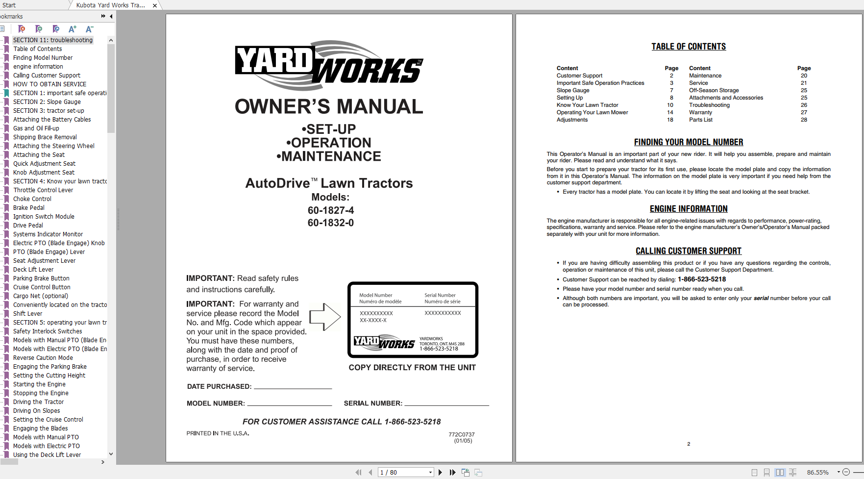Kubota Yard Works Tractor 60 1827 4 60 1832 0 Owners Manual 1