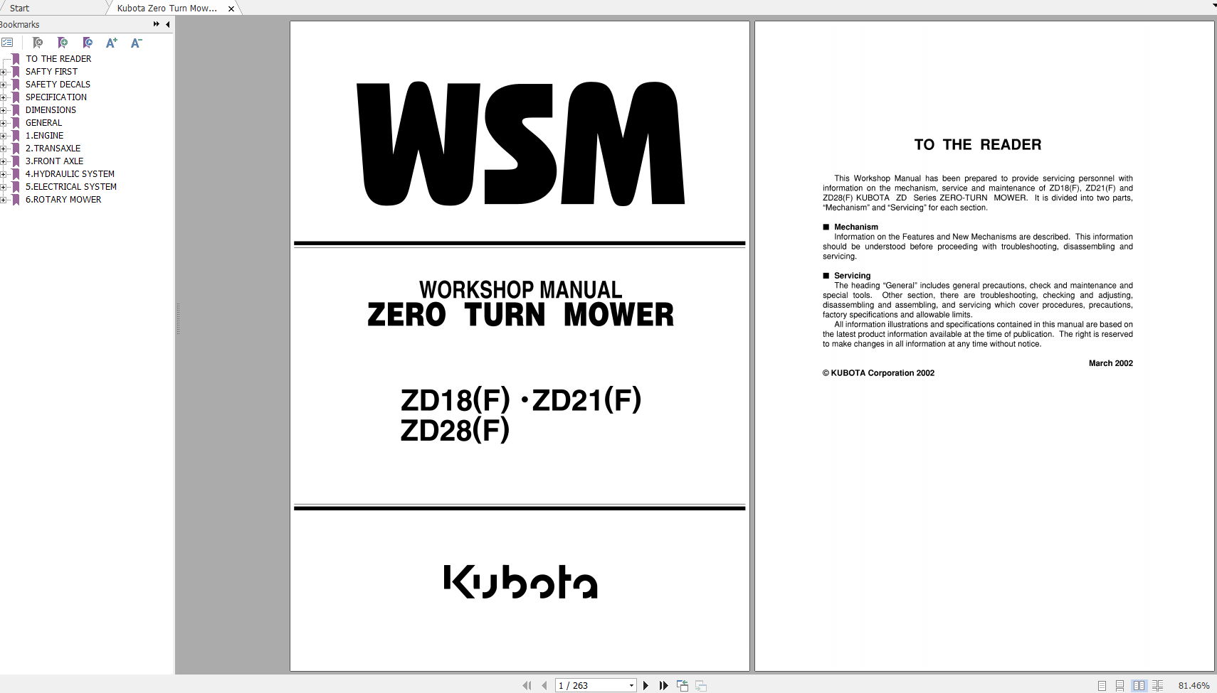 Kubota Zero Turn Mower ZD18F ZD21F ZD28F Workshop Manual EN 1
