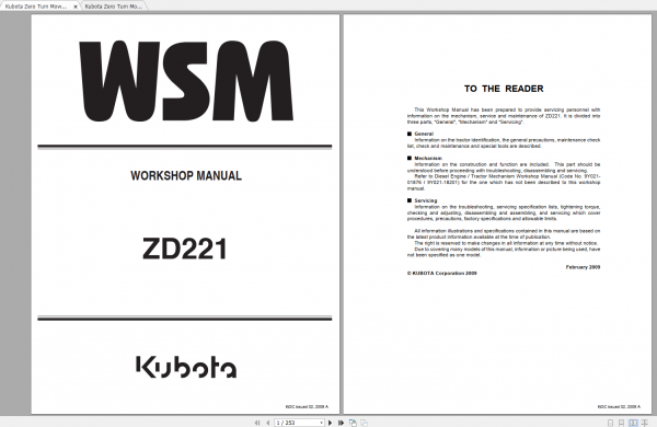 Kubota Zero Turn Mower ZD221 Workshop Manual ENFR 1