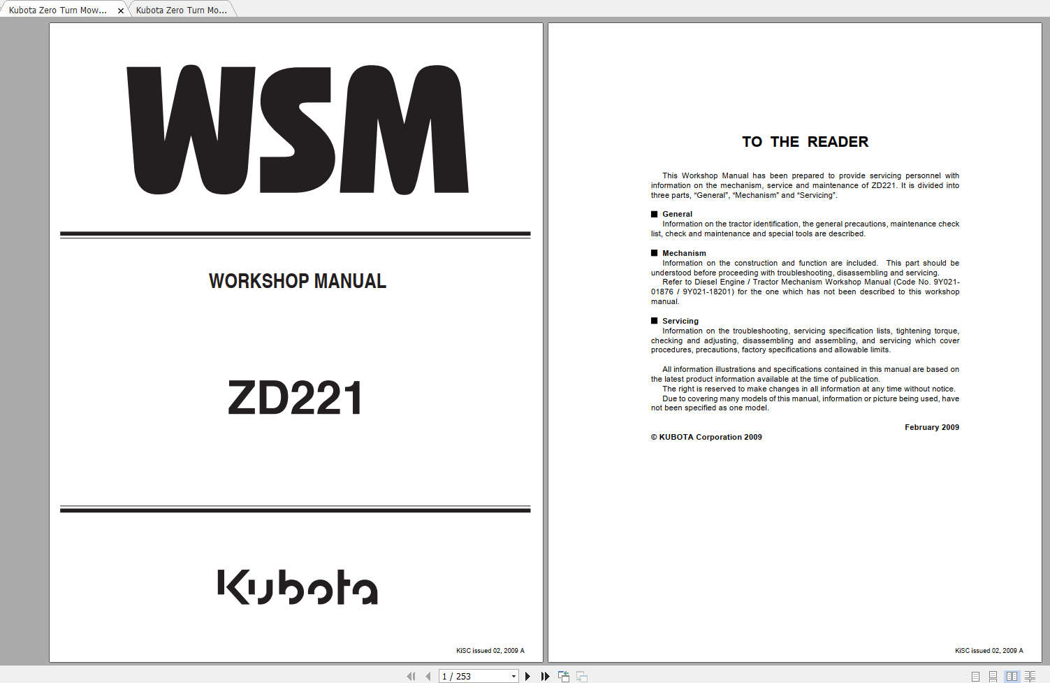 Kubota Zero Turn Mower ZD221 Workshop Manual ENFR 1