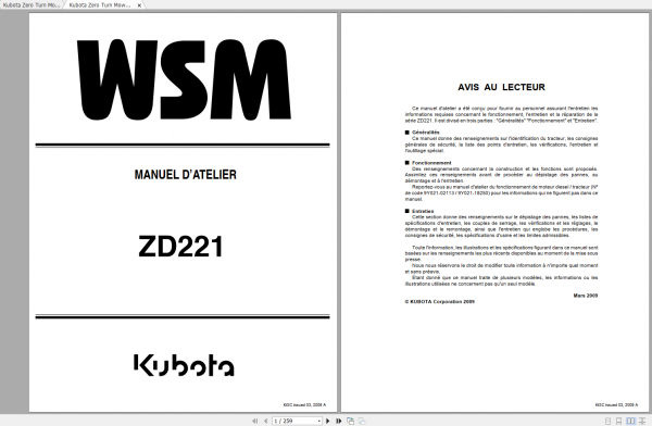 Kubota Zero Turn Mower ZD221 Workshop Manual ENFR 3