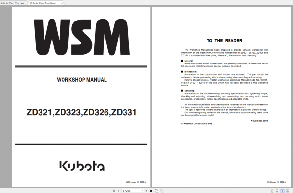 Kubota Zero Turn Mower ZD321 ZD323 ZD326 ZD331 Workshop Manual ENFR 1