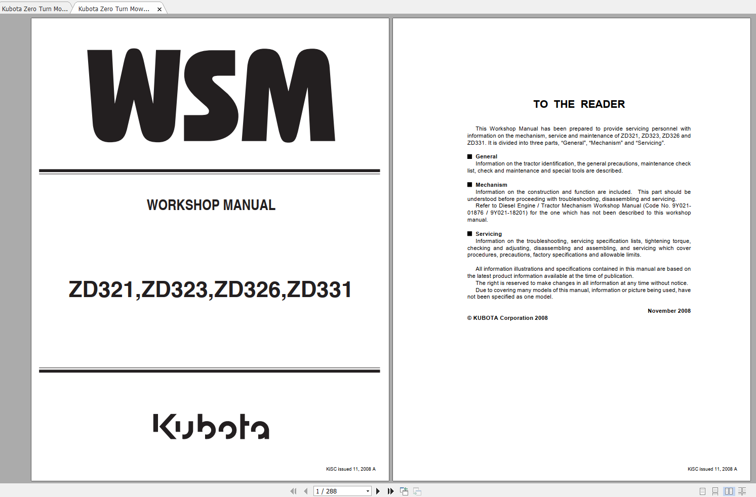 Kubota Zero Turn Mower ZD321 ZD323 ZD326 ZD331 Workshop Manual ENFR 1