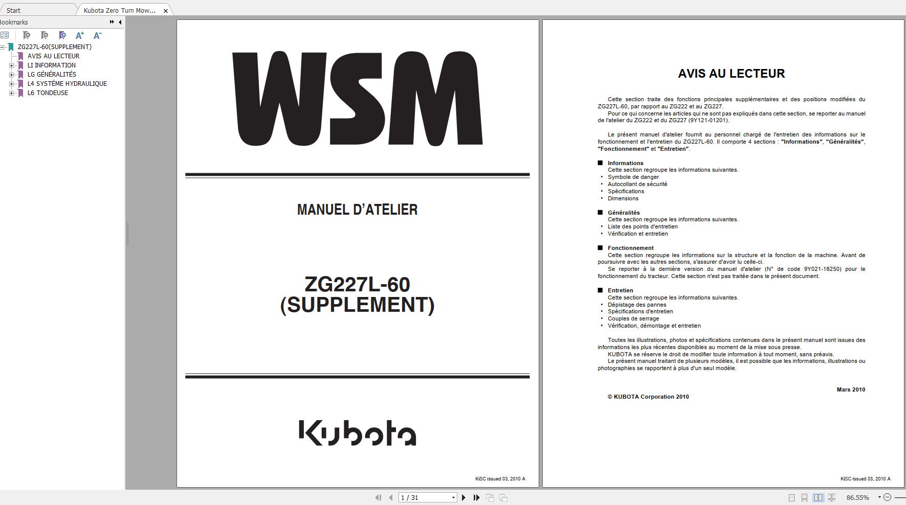 Kubota Zero Turn Mower ZG227L 60 Supplement Workshop Manual FR 9Y11104650 1