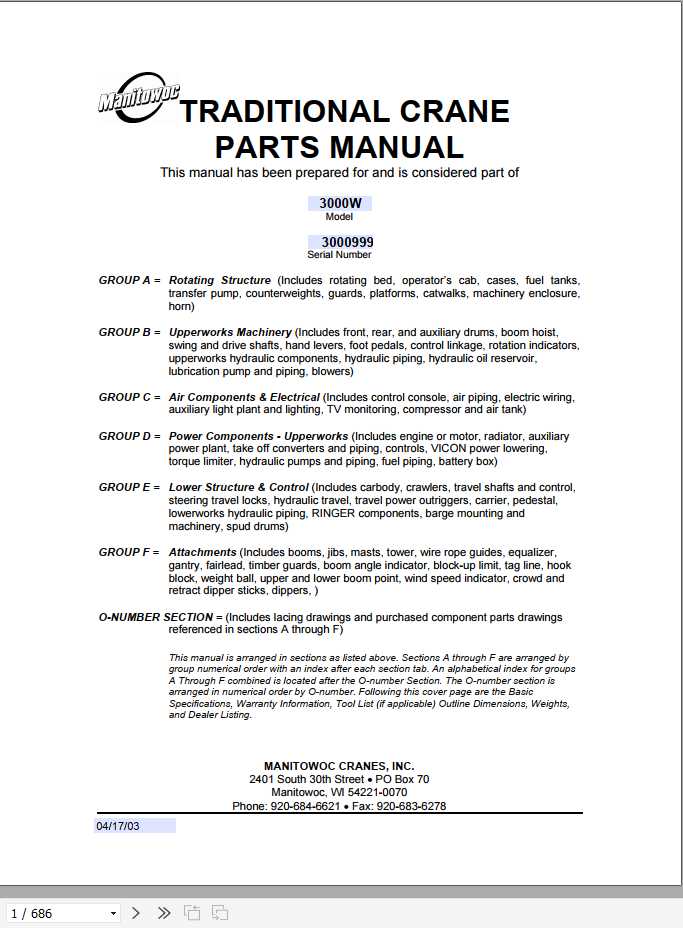 Manitowoc Cranes 3000W 3000999 PM 04 17 2003 Spare Parts Manual PDF 1