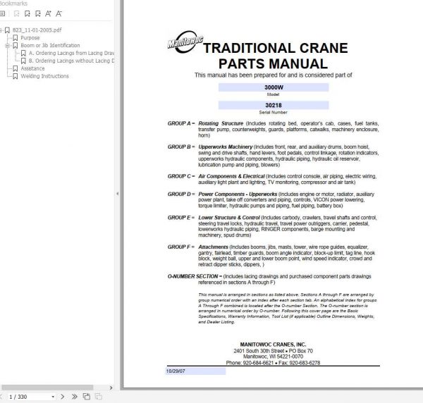 Manitowoc Cranes 3000W 30218 PM 10 29 2007 Spare Parts Manual PDF 1